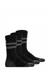 Schwarze Socken mit verstärkter Zehen- und Fersenpartie, die zwei horizontale graue Streifen aufweisen. Drei Paar enthalten. Weiche Stofftextur.