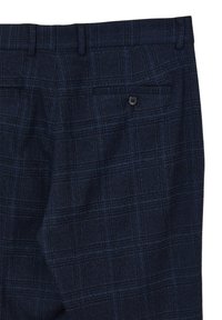 Marineblau karierte Hose aus strukturiertem Stoff, mit einer Gesäßtasche mit Knopf und einem glatten Taillenbund mit Gürtelschlaufen.