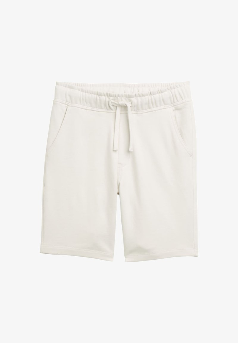 Beli bombažni kratki hlače z elastiko v pasu, vrvico za zategovanje in stranskimi žepi; gladka tekstura, do kolen rez.