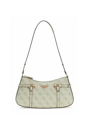 Sac bandoulière Guess beige avec motif monogramme, logo doré, sangle réglable et détails de boucle décorative sur le devant.