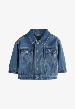 Plava traper jakna s kopčama, dva džepa na prsima s klapnama, dugi rukavi i tradicionalni ovratnik.