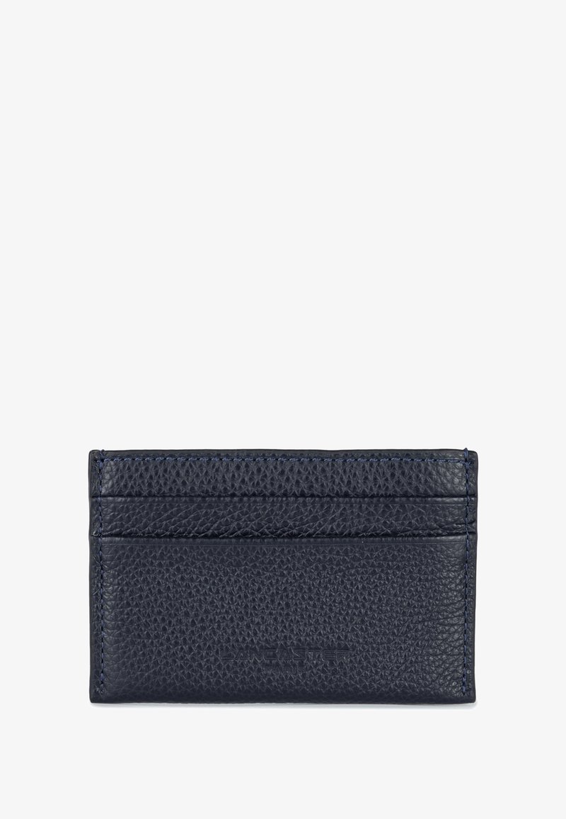 Navy leren kaarthouder met textuurafwerking, voorzien van meerdere kaartenvakken. Gestikte randen in een contrasterende blauwe kleur. Compacte rechthoekige vorm.