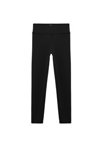 Svarta leggings tillverkade av elastiskt tyg, med ett brett hög midjeband och en strömlinjeformad design, med platta sömmar för ökad komfort.
