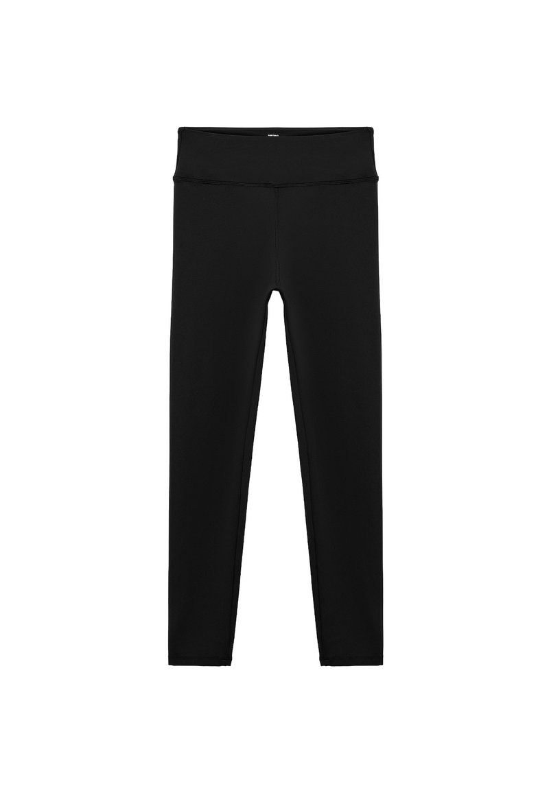 Svarta leggings tillverkade av elastiskt tyg, med ett brett hög midjeband och en strömlinjeformad design, med platta sömmar för ökad komfort.