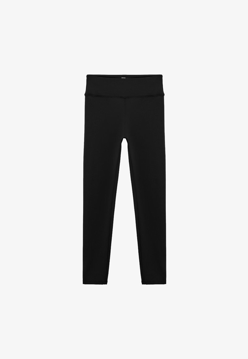 Svarta leggings tillverkade av elastiskt tyg, med ett brett hög midjeband och en strömlinjeformad design, med platta sömmar för ökad komfort.