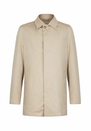 Beżowy, męski, lekki płaszcz o długości do połowy uda, z klasycznym kołnierzem, zapięciem na guziki i bocznymi kieszeniami.