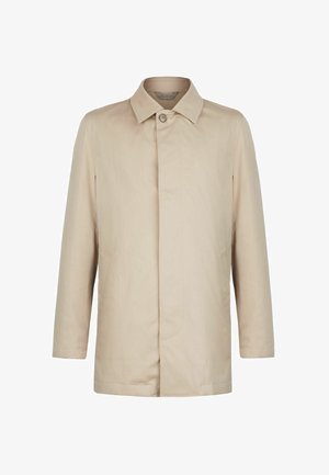 Beżowy, męski, lekki płaszcz o długości do połowy uda, z klasycznym kołnierzem, zapięciem na guziki i bocznymi kieszeniami.