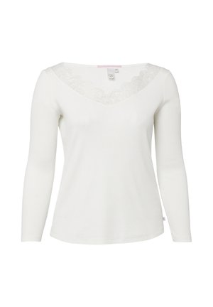 Biała damska bluzka z długim rękawem i dekoltem w serek, z delikatną koronkową lamówką przy kołnierzu, przedstawiona na jednolitym tle.