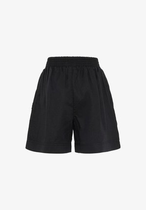 Shorts à taille élastique noire avec une coupe ample et un ourlet arrivant au genou, fabriqués en tissu léger.