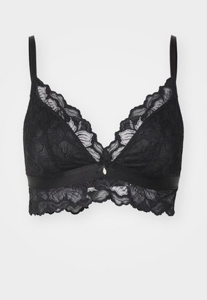 Mustat pitsinen bralette, jossa on kukkakuosi, kolmiomaiset kuppiosat ja satiinihihna. Varustettu säädettävillä olkaimilla ja pienellä koristeellisella yksityiskohdalla keskiosassa.