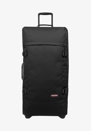 Maleta negra con ruedas, con un exterior de tela duradera, correas ajustables, asa superior y una base robusta para mayor estabilidad.