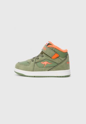 Olive green high-top sneaker with orange trim, kangaroo logo, lace-up front, and Velcro strap on white sole against light background.