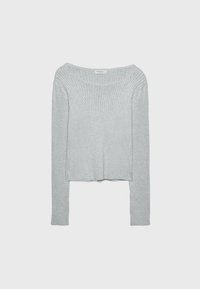 Hellgraues, geripptes Langarmshirt mit weitem Ausschnitt und kurzem Saum. Verfügt über eine vertikale Textur und eng anliegende Ärmel.