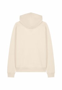 Achteraanzicht van een beige hoodie met lange mouwen, geribbelde manchetten en tailleband, plat gelegd op een witte achtergrond.
