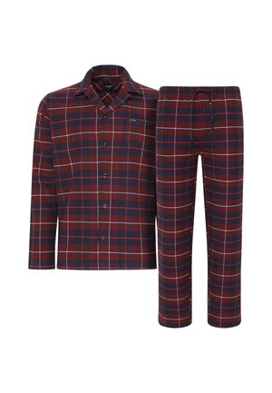 Geruite pyjama set in donkerrood en marineblauw met witte accenten. Overhemd met knopen en lange mouwen, en een broek met elastische tailleband.
