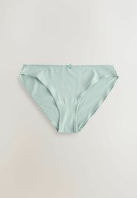 Culotte bikini en coton bleu clair pour femme avec un petit nœud décoratif au centre de la ceinture avant sur un fond uni.