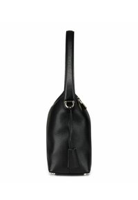 Sac à main en cuir noir avec une surface texturée, doté d'une seule sangle, d'un accessoire en métal argenté et d'une base arrondie pour la stabilité.