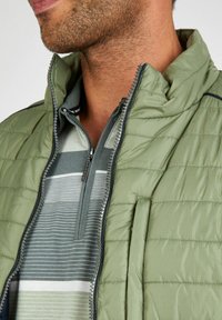 Gestepptes grünes Hemd mit hohem Kragen und Reißverschluss, über einem grauen gestreiften Poloshirt mit halbem Reißverschluss.