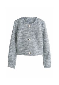 Giacca corta azzurro chiaro in tessuto strutturato, con scollo rotondo e quattro grandi bottoni color crema sul davanti.