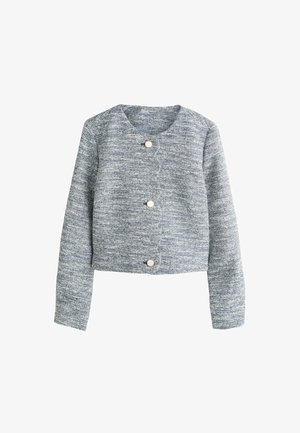 Šviesiai mėlyna trumpa striukė iš tekstūruotos medžiagos, turinti apvalų kaklo iškirpimą ir keturias dideles kreminės spalvos sagas priekyje.