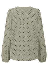 Langsleeve top in licht olijfgroen met zwarte stippen, voorzien van een ronde halslijn en geplooide mouwen voor een relaxte fit.
