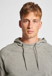 Lys grå hættetrøje med snor, der har en afslappet pasform og struktureret stof. Designet inkluderer raglanærmer og en blød finish.