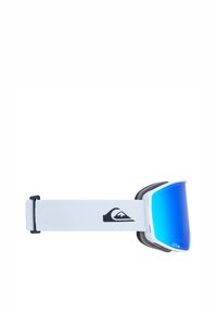 Skibril met een witte band, blauwe spiegelglas en zwart logo. Voorzien van een zachte foam voering voor comfort en een gestroomlijnd ontwerp.