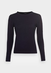 Marineblauer Pullover mit langen Ärmeln, Rundhalsausschnitt, gerippter Textur und figurbetontem Design. Gefertigt aus weichem Stoff ohne sichtbare Muster oder Akzente.