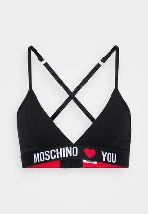 Bralette nera con spalline incrociate, dotata di un elastico a contrasto con la scritta "MOSCHINO ♥ YOU" in bianco e un cuore rosso.