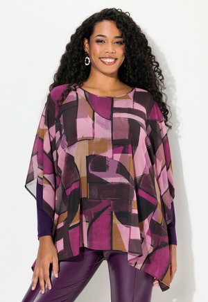 Durchsichtiger Poncho mit abstrakten geometrischen Mustern in Lila, Pink und Braun. Fließendes Design mit weiten Ärmeln und rundem Ausschnitt.