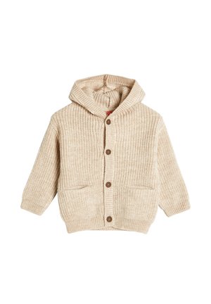 Beige neulecardigan, jossa on huppu, ribbikuviointi, ruskeat napit ja kaksi etutaskua. Pehmeä materiaali, rento muotoilu.