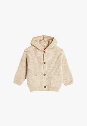 Beige strikket cardigan med hætte, med ribbet tekstur, brune knapper og to forlommer. Blødt materiale, afslappet design.