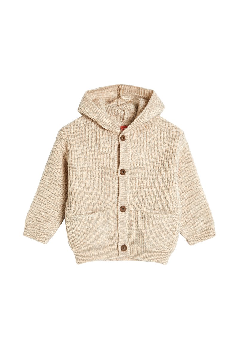Cardigan lavorato a maglia beige con cappuccio, caratterizzato da una texture a coste, bottoni marroni e due tasche frontali. Materiale morbido, design casual.