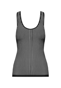 Black and white striped tank top with a scoop neckline and sleeveless design. Made of ribbed fabric with a soft texture and fitted shape.