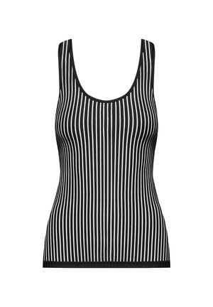 Schwarz-weißer gestreifter Tanktop mit einem Rundhalsausschnitt und ärmellosem Design. Hergestellt aus geripptem Stoff mit einer weichen Textur und figurbetontem Schnitt.