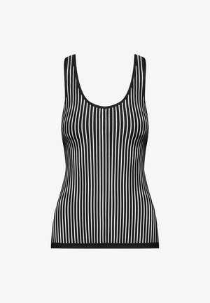 Débardeur à rayures noir et blanc avec un décolleté arrondi et une conception sans manches. Fabriqué en tissu côtelé avec une texture douce et une coupe ajustée.