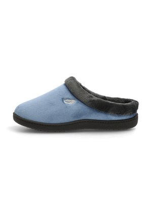 Pantuflas de ante azul con forro de piel sintética gris y suela de goma negra. Presenta un diseño superior sencillo con costuras mínimas y un pequeño emblema.