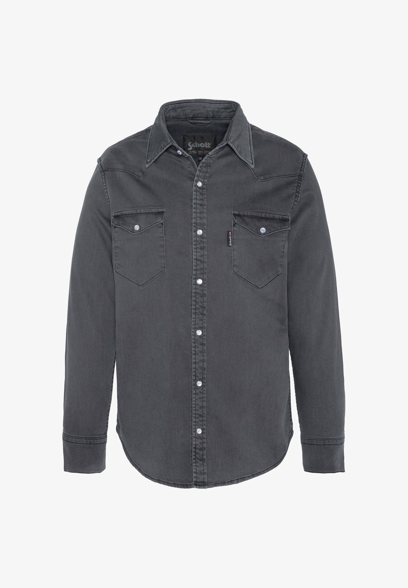 Chemise en denim gris à manches longues, col pointu et deux poches poitrine. Présente une fermeture frontale à boutons et des détails de couture subtils.