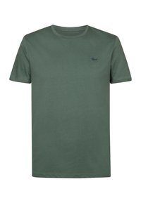 Effen kortom naadloze t-shirt met ronde hals in gedempt groen, voorzien van een klein geborduurd logo op de bovenste linkerborst.