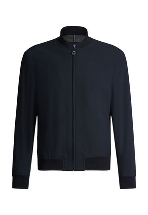 Giacca bomber nera a maniche lunghe con cerniera frontale, polsini e fascia in vita a coste, mostrata su sfondo bianco.