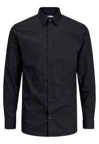 Zwarte blouse met lange mouwen van gladde stof, met een klassieke kraag, knoopsluiting aan de voorkant en een eenvoudig ontwerp zonder patronen.