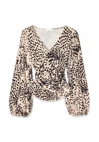 Leopardprint blouse met een V-hals, lange pofmouwen, gerimpelde details bij de taille, gemaakt van een zachte stof in beige en zwarte tinten.