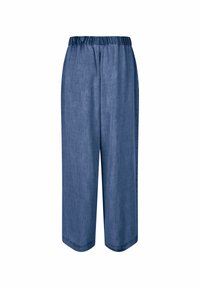 Pantalons en denim bleu ample avec taille élastique et jambes larges, présentés sur un fond blanc.