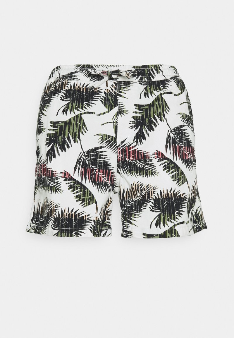 Short blanc avec taille élastique et imprimé feuilles tropicales en tons verts, noirs et rouges.