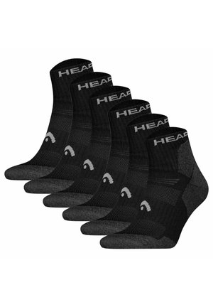 Six paires de chaussettes de sport noires à la cheville avec des orteils gris, marquées "HEAD" sur le bord-côte et un logo gris au niveau de la cheville.