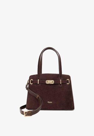 Marron suede handbag with dual handles and detachable strap. Features gold hardware and a clasp closure, flat base for stability.