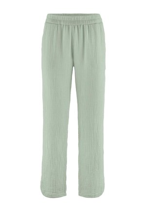 Hellgrüne, locker sitzende Hosen mit elastischem Bund und strukturierter, zerknitterter Stoffstruktur, geraden Beinen und voller Länge.