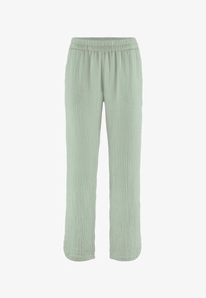 Hellgrüne, locker sitzende Hosen mit elastischem Bund und strukturierter, zerknitterter Stoffstruktur, geraden Beinen und voller Länge.