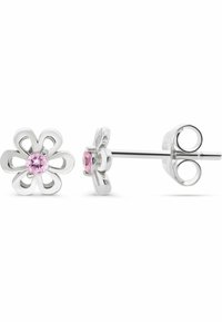 Silvriga blommformade studs med öppna kronblad och en rosa ädelsten i mitten, visade från front- och sidovinklar.