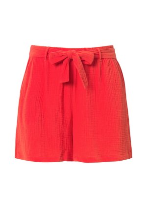 Punaiset shortsit ryppyisestä tekstuurikankaasta, joissa on istuva vyötärö ja solmittu nauhat yksityiskohtana edessä. Löysä istuvuus ja polven ylle ulottuva pituus.